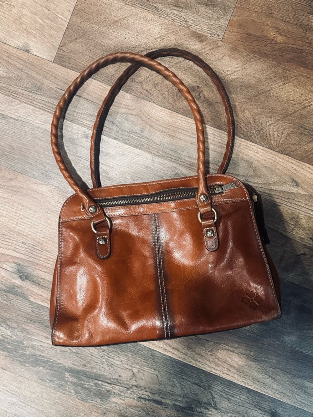 Patricia Nash Cognac Italian Leather Shoulder Bag with Braided Handles